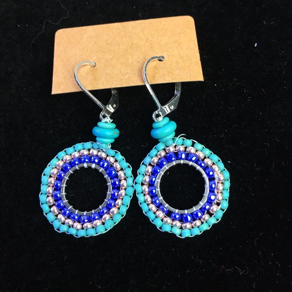 Beaded Ring Earrings Teal & Silver Retro Hippy Boho